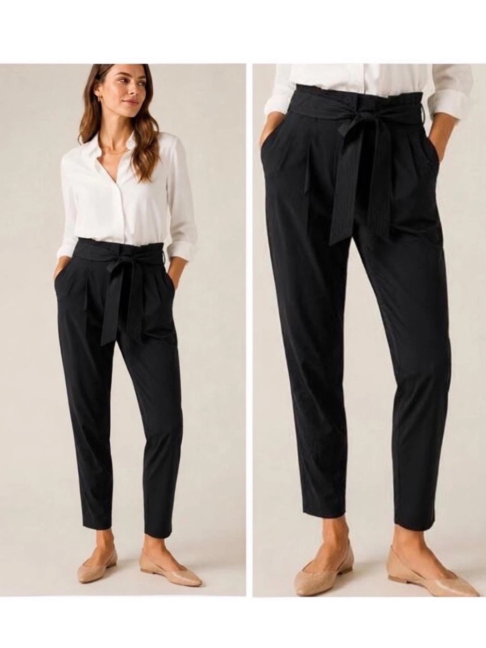 Athleta Skyline Pant II Black Paperbag Waist Tie Belt Tapered Leg Women's Sz 4